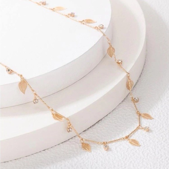 Gold Leaf & Rhinestone Necklace - Picture 2 of 2